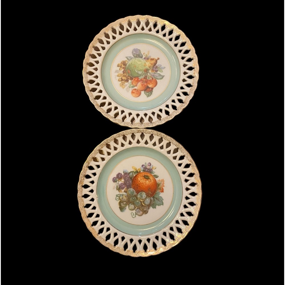 Vintage Wales China Fruit Plates Pair Japan Reticulated 8.25”